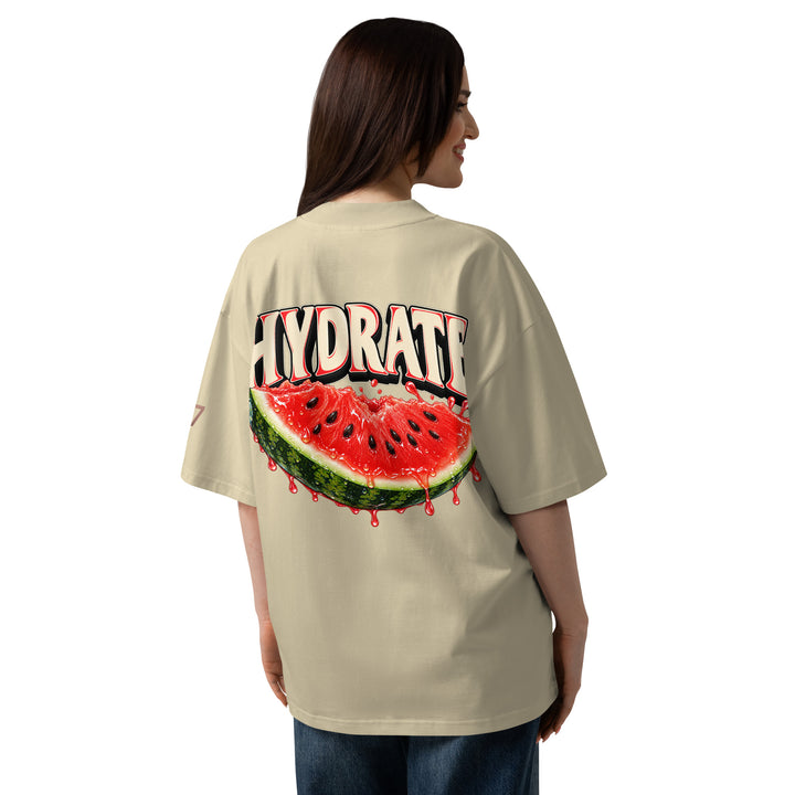 S7 Don’t Hate, Hydrate graphic T-shirt with bold “DON’T HATE” lettering on the front and a watermelon beneath “HYDRATE” on the back.