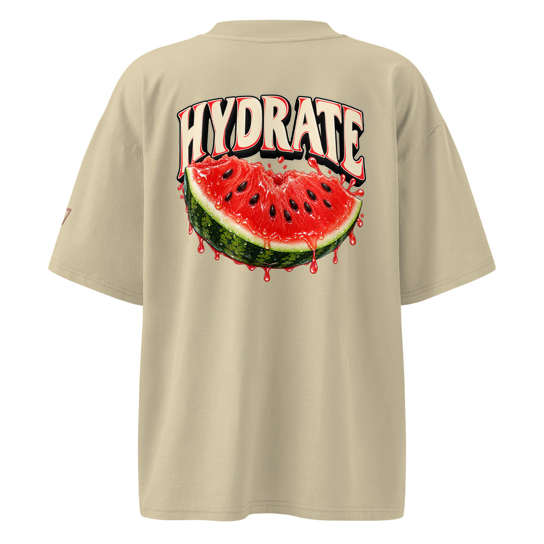 S7 Don’t Hate, Hydrate graphic T-shirt with bold “DON’T HATE” lettering on the front and a watermelon beneath “HYDRATE” on the back.
