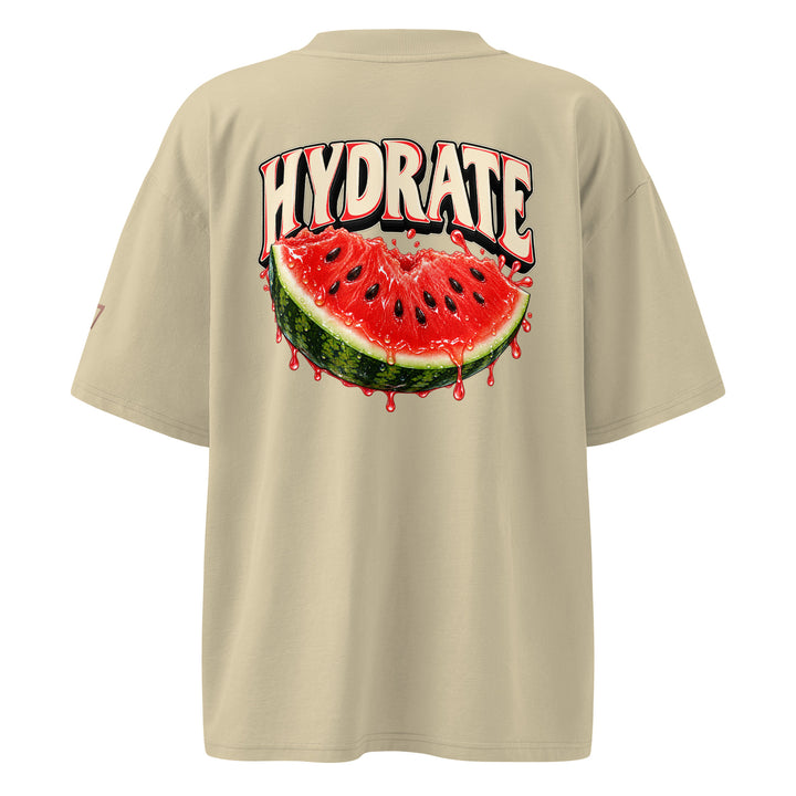 S7 Don’t Hate, Hydrate graphic T-shirt with bold “DON’T HATE” lettering on the front and a watermelon beneath “HYDRATE” on the back.