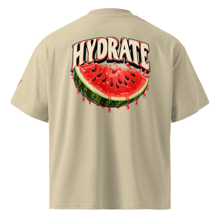 S7 Don’t Hate, Hydrate graphic T-shirt with bold “DON’T HATE” lettering on the front and a watermelon beneath “HYDRATE” on the back.