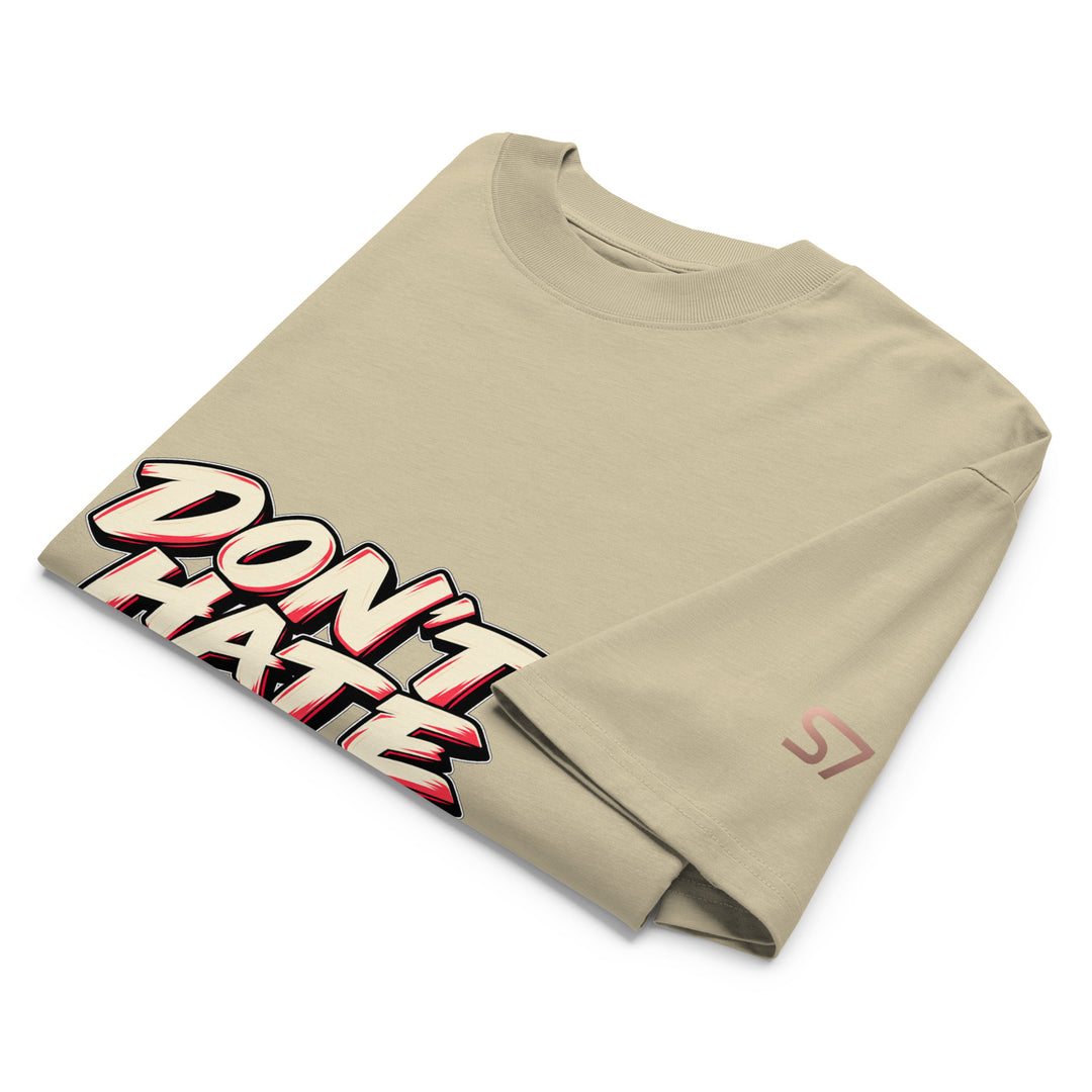 S7 Don’t Hate, Hydrate graphic T-shirt with bold “DON’T HATE” lettering on the front and a watermelon beneath “HYDRATE” on the back.