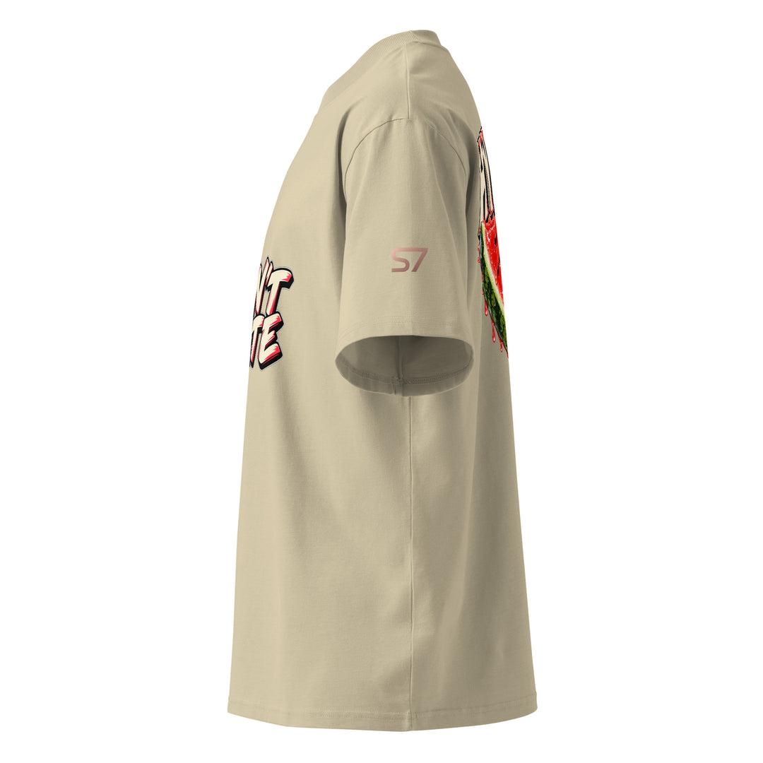 S7 Don’t Hate, Hydrate graphic T-shirt with bold “DON’T HATE” lettering on the front and a watermelon beneath “HYDRATE” on the back.