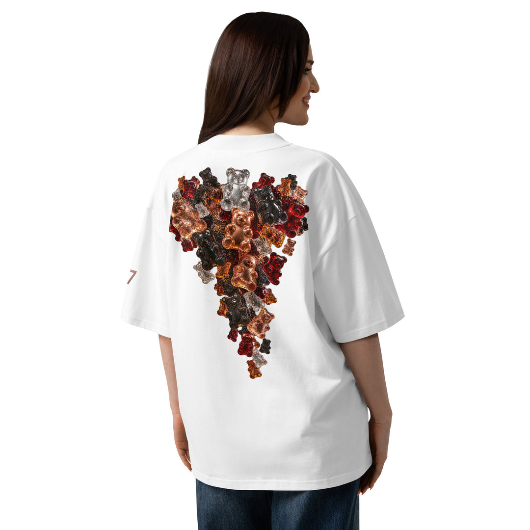 Back of white S7 Gummy Constellation T-shirt featuring a large cascading formation of jewel-like three-dimensional gummy bears.