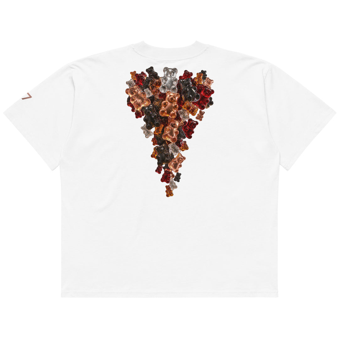 A white short-sleeve t-shirt shown from the back, featuring a large graphic print of stacked teddy bears in various colors (brown, red, black, gray) arranged in a teardrop shape.