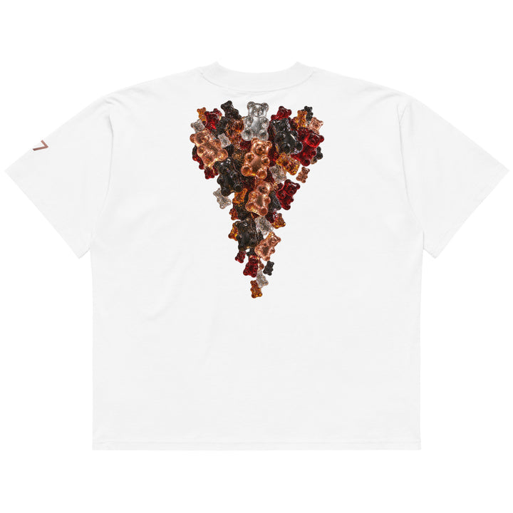 A white short-sleeve t-shirt shown from the back, featuring a large graphic print of stacked teddy bears in various colors (brown, red, black, gray) arranged in a teardrop shape.