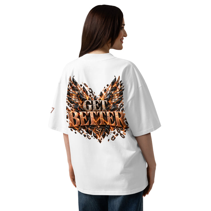 Model wearing the DON’T GET EVEN—GET BETTER Transformation T-Shirt | S7, showcasing the back design with striking graphics.