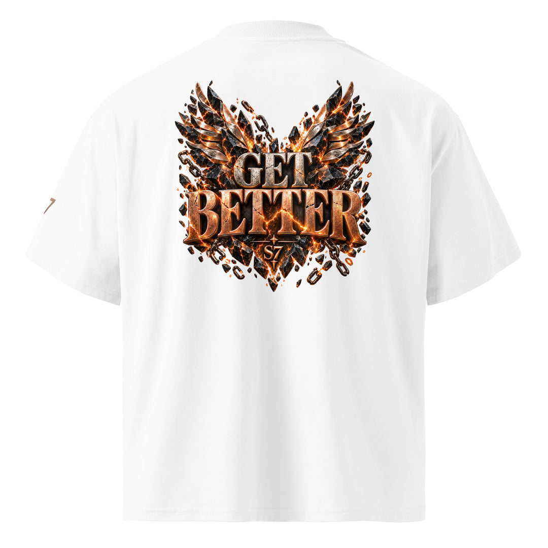 Back view of the DON’T GET EVEN—GET BETTER Transformation T-Shirt | S7 featuring ornate wings and bold lettering.
