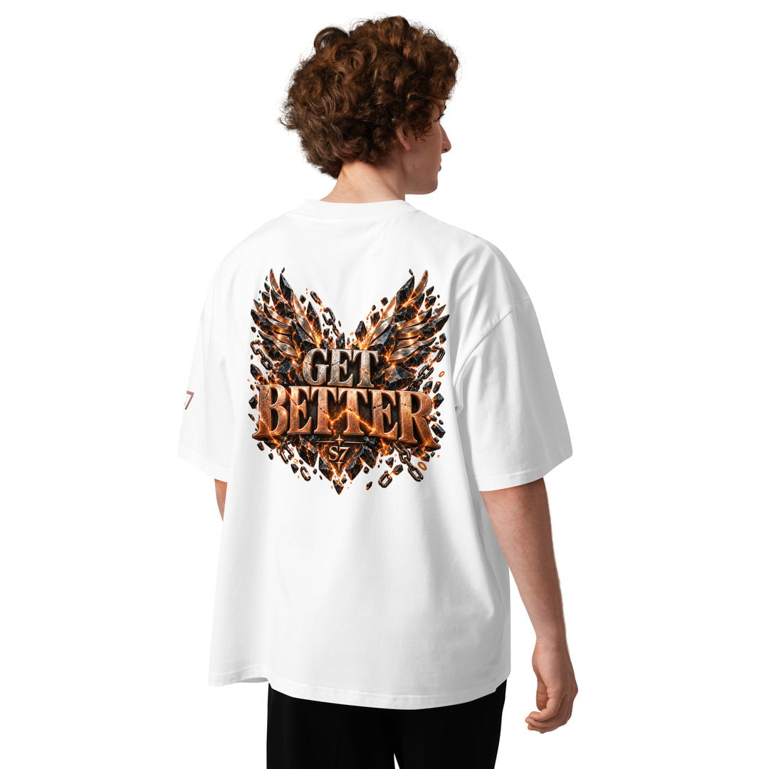 DON’T GET EVEN—GET BETTER Transformation T-Shirt | S7 shown from the back, featuring bold graphic design on a white shirt.