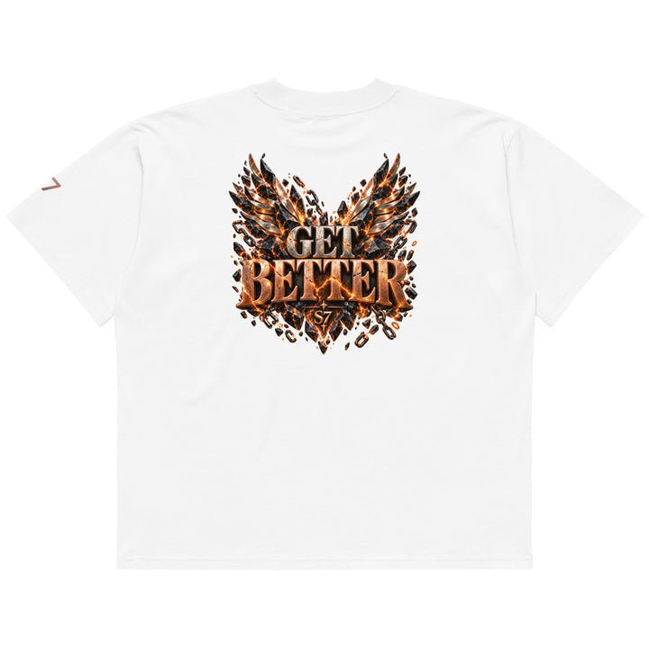 Back view of the DON’T GET EVEN—GET BETTER Transformation T-Shirt | S7 in white, featuring bold metallic artwork.
