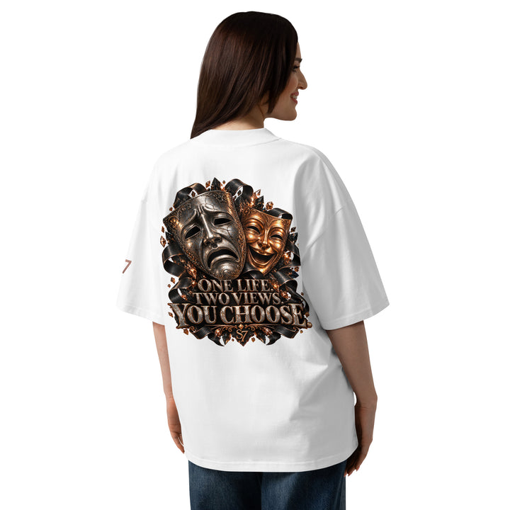 S7 “One Life, Two Views” Statement T-Shirt showcasing comedy and tragedy masks with dimensional detailing.