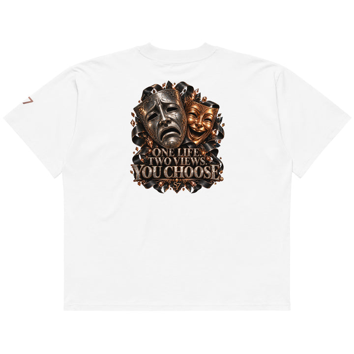 S7 “One Life, Two Views” Statement T-Shirt featuring comedy and tragedy masks with the message, ONE LIFE. TWO VIEWS. YOU CHOOSE.