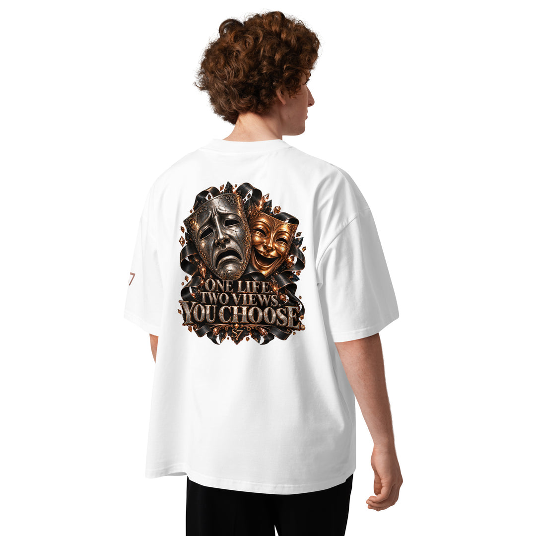 S7 “One Life, Two Views” Statement T-Shirt featuring comedy and tragedy masks illustration.