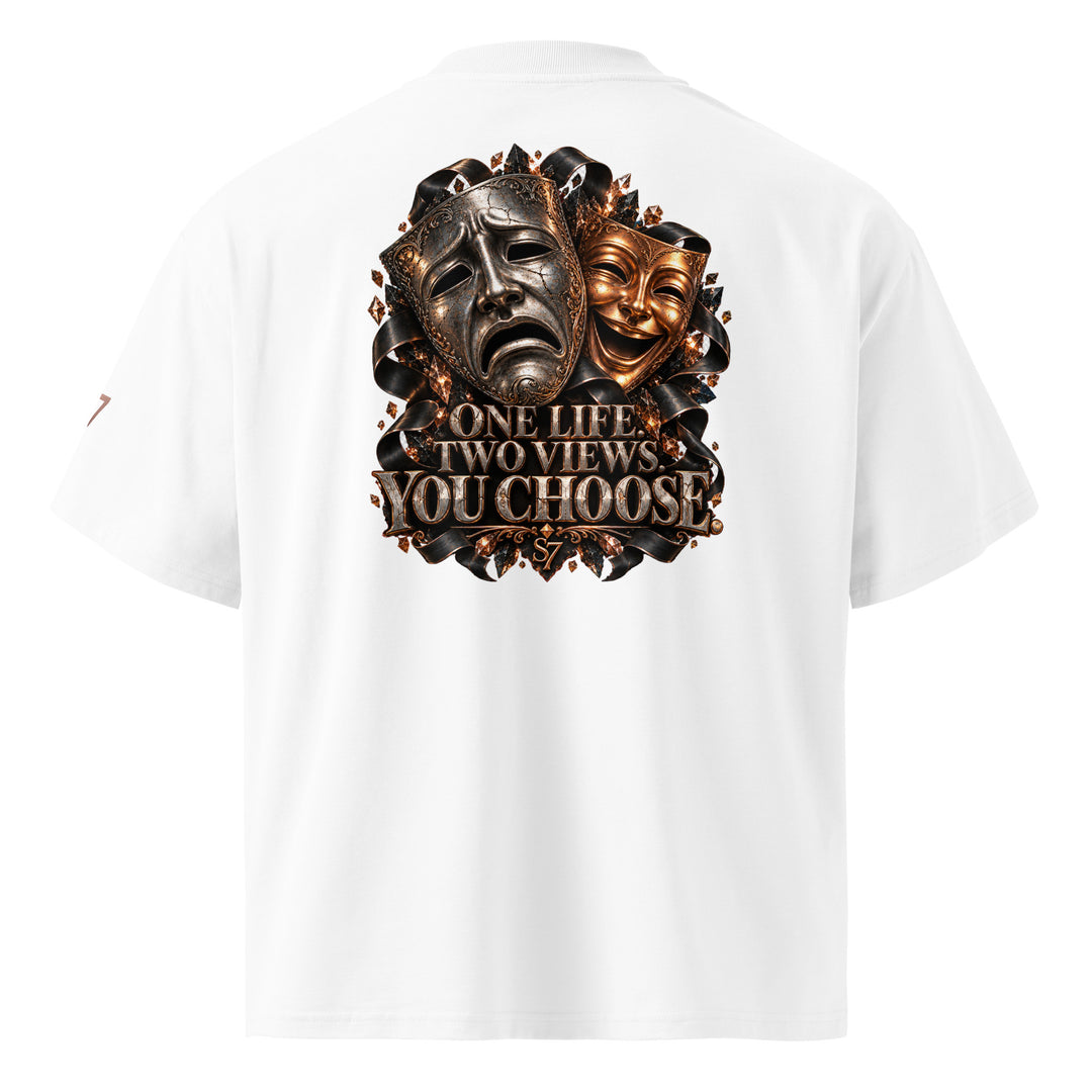 S7 “One Life, Two Views” Statement T-Shirt featuring comedy and tragedy masks with rose-gold accents.