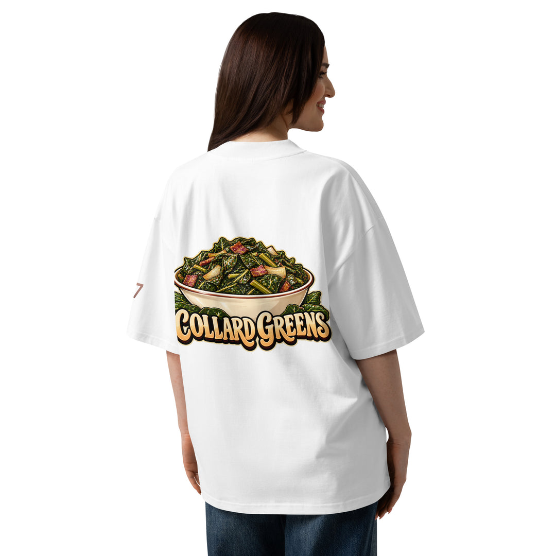 S7 Chicken &amp; Collard Greens graphic tee with a cartoon chicken on the front, illustrated bowl of collard greens on the back, and S7 sleeve logo.