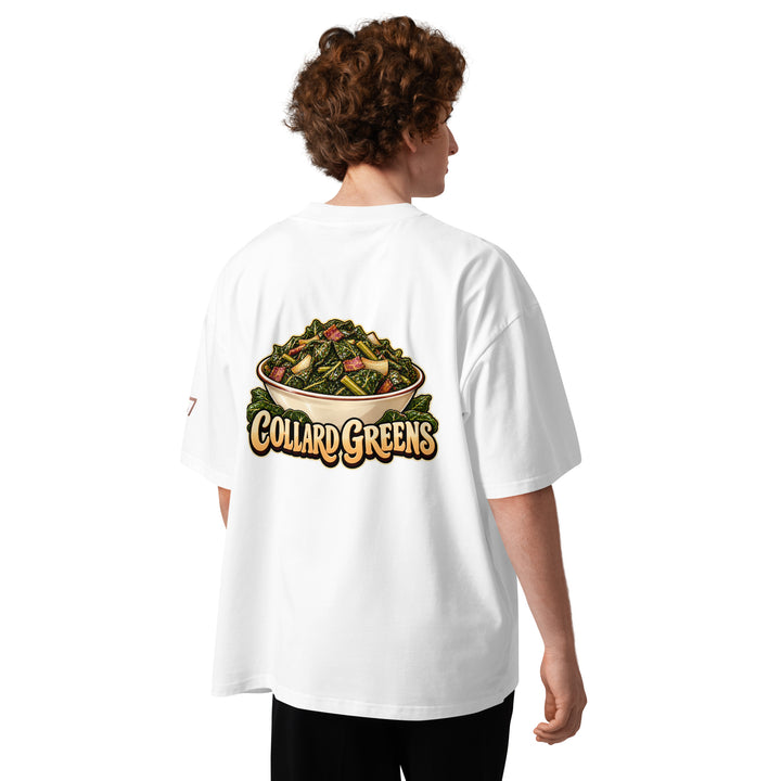 S7 Chicken &amp; Collard Greens graphic tee with a cartoon chicken on the front, illustrated bowl of collard greens on the back, and S7 sleeve logo.