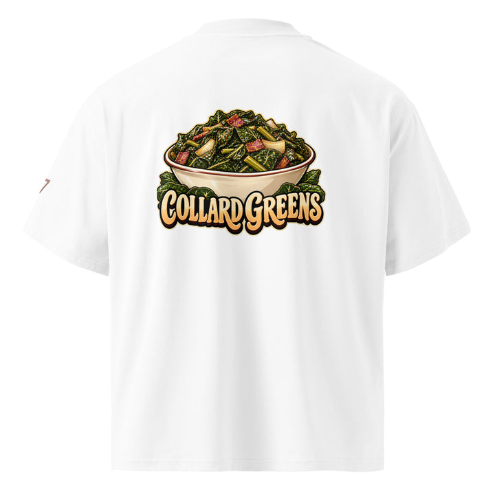 S7 Chicken &amp; Collard Greens graphic tee with a cartoon chicken on the front, illustrated bowl of collard greens on the back, and S7 sleeve logo.