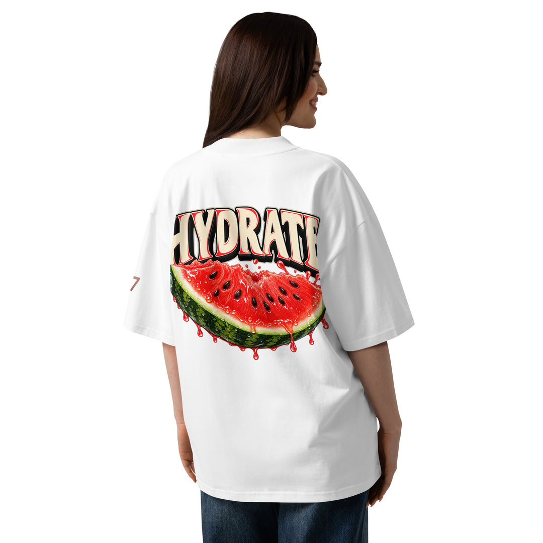 S7 Don’t Hate, Hydrate graphic T-shirt with bold “DON’T HATE” lettering on the front and a watermelon beneath “HYDRATE” on the back.