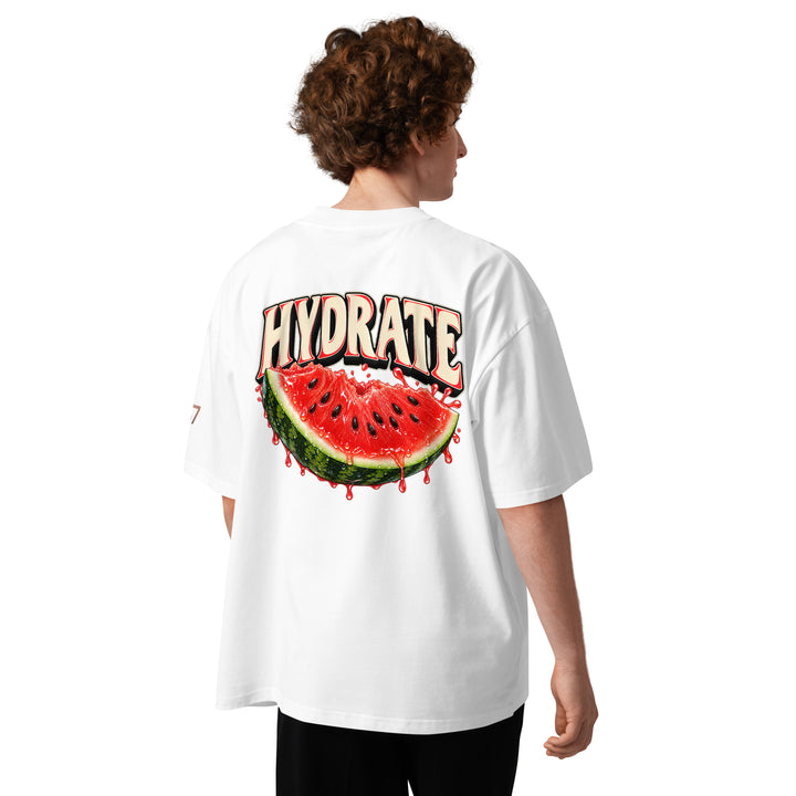 S7 Don’t Hate, Hydrate graphic T-shirt with bold “DON’T HATE” lettering on the front and a watermelon beneath “HYDRATE” on the back.