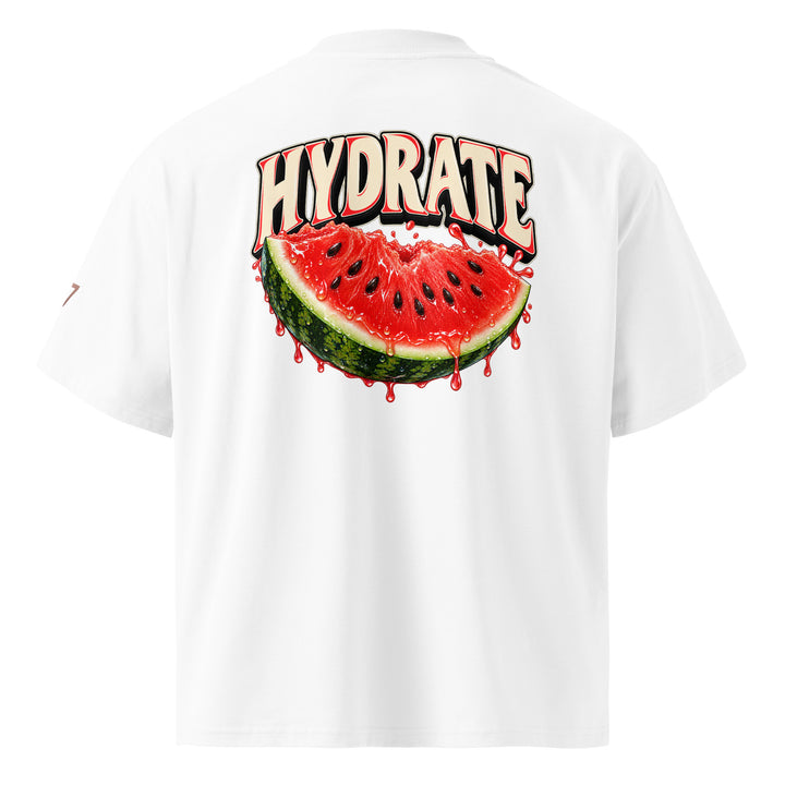 S7 Don’t Hate, Hydrate graphic T-shirt with bold “DON’T HATE” lettering on the front and a watermelon beneath “HYDRATE” on the back.