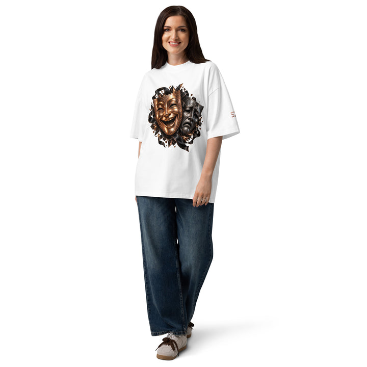 Woman wearing S7 “One Life, Two Views” Statement T-Shirt featuring comedy and tragedy masks.