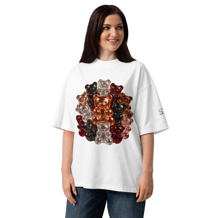 Front of white S7 Gummy Constellation T-shirt featuring a rounded cluster of platinum, copper, ruby, rose-gold and obsidian 3D gummy bears.