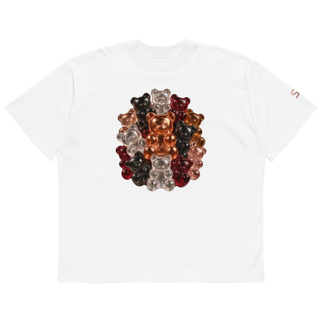 Front of black S7 Gummy Constellation T-shirt featuring a rounded cluster of platinum, copper, ruby, rose-gold and obsidian 3D gummy bears.
