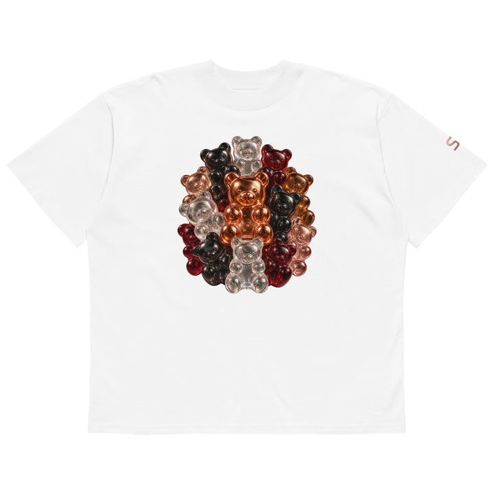 Front of black S7 Gummy Constellation T-shirt featuring a rounded cluster of platinum, copper, ruby, rose-gold and obsidian 3D gummy bears.
