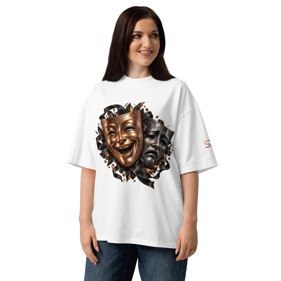 S7 “One Life, Two Views” Statement T-Shirt featuring comedy and tragedy masks in rich metallic tones.