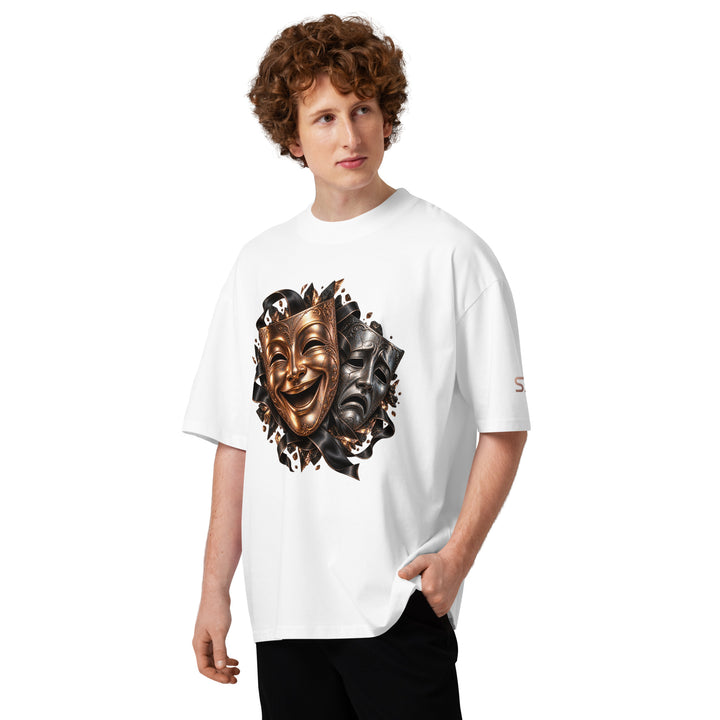 S7 “One Life, Two Views” Statement T-Shirt featuring comedy and tragedy masks on a white t-shirt.