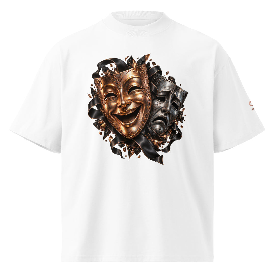 S7 “One Life, Two Views” Statement T-Shirt featuring comedy and tragedy masks with metallic tones on a white shirt.