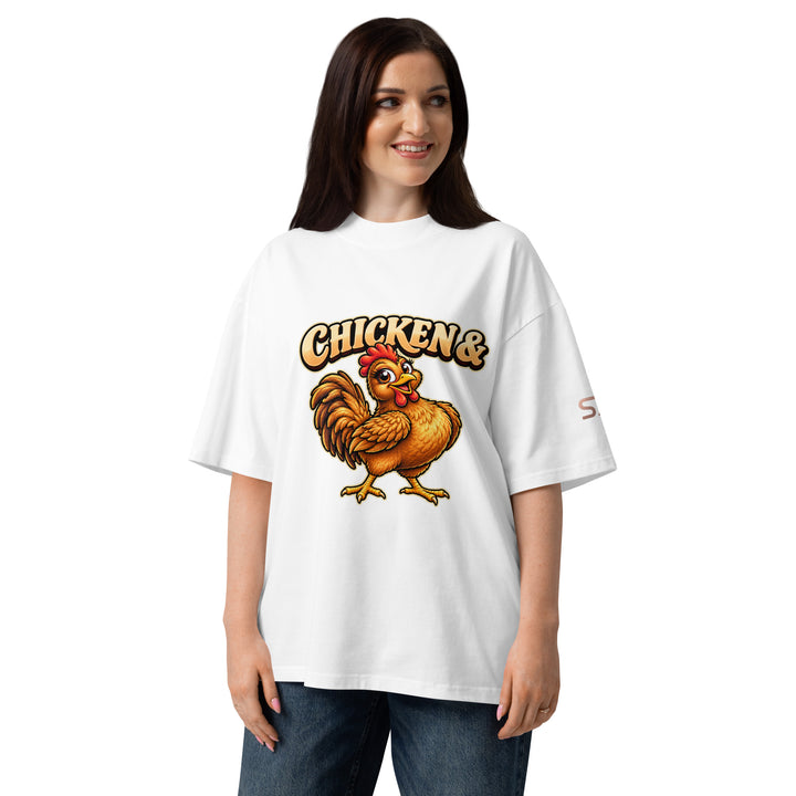 S7 Chicken &amp; Collard Greens graphic tee with a cartoon chicken on the front, illustrated bowl of collard greens on the back, and S7 sleeve logo.
