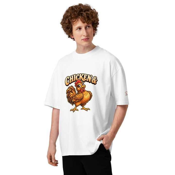 S7 Chicken &amp; Collard Greens graphic tee with a cartoon chicken on the front, illustrated bowl of collard greens on the back, and S7 sleeve logo.