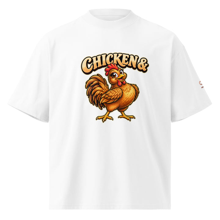 S7 Chicken &amp; Collard Greens graphic tee with a cartoon chicken on the front, illustrated bowl of collard greens on the back, and S7 sleeve logo.