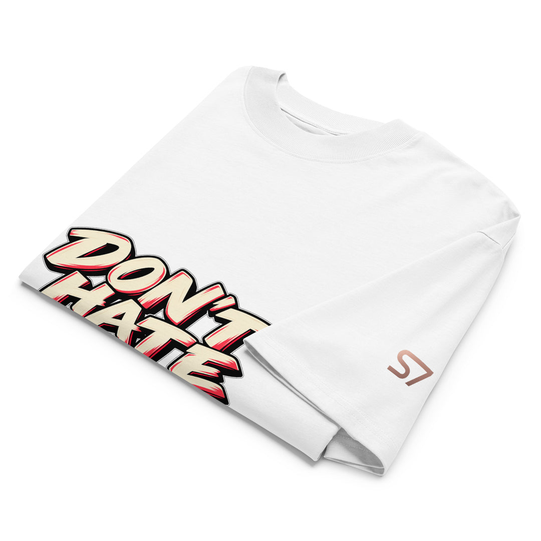 S7 Don’t Hate, Hydrate graphic T-shirt with bold “DON’T HATE” lettering on the front and a watermelon beneath “HYDRATE” on the back.