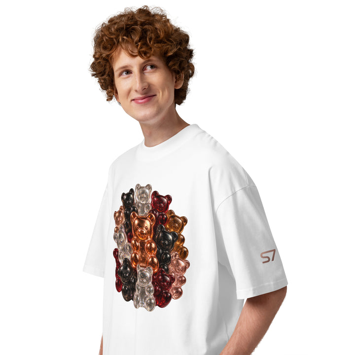 Front side view of white S7 Gummy Constellation T-shirt featuring a rounded cluster of platinum, copper, ruby, rose-gold and obsidian 3D gummy bears.