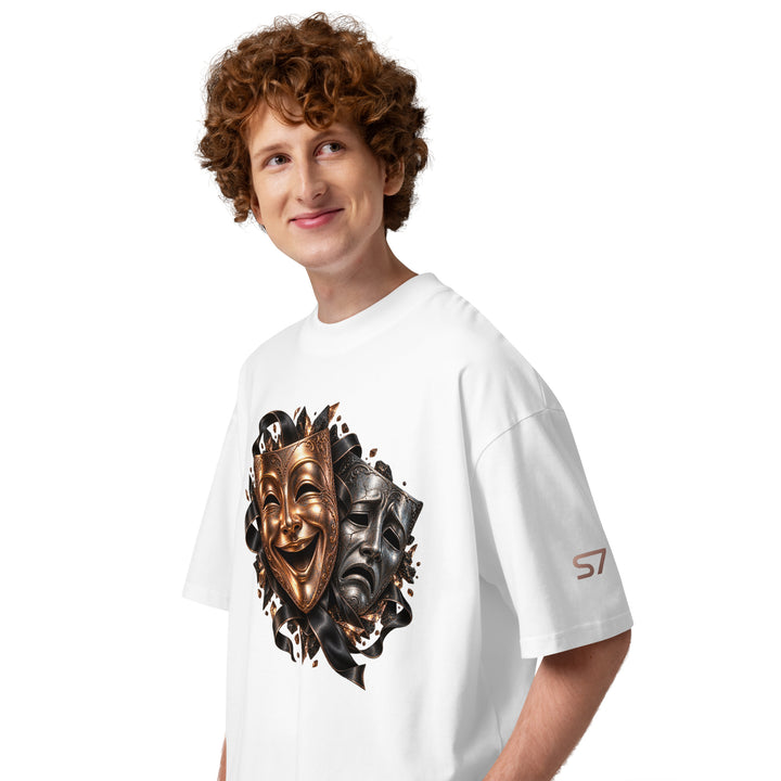 S7 “One Life, Two Views” Statement T-Shirt featuring comedy and tragedy masks for unique perspective.