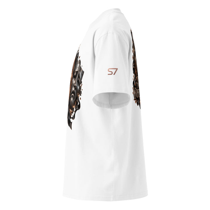 S7 “One Life, Two Views” Statement T-Shirt showcasing comedy and tragedy masks in rich metallic tones.