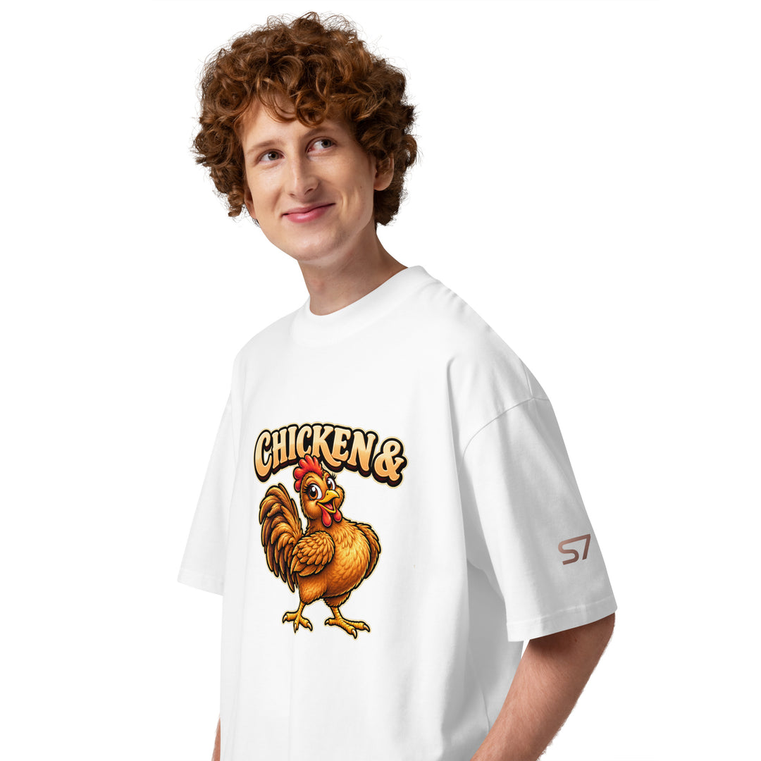S7 Chicken &amp; Collard Greens graphic tee with a cartoon chicken on the front, illustrated bowl of collard greens on the back, and S7 sleeve logo.