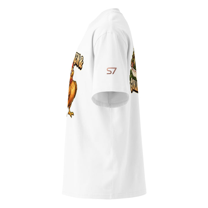 S7 Chicken &amp; Collard Greens graphic tee with a cartoon chicken on the front, illustrated bowl of collard greens on the back, and S7 sleeve logo.