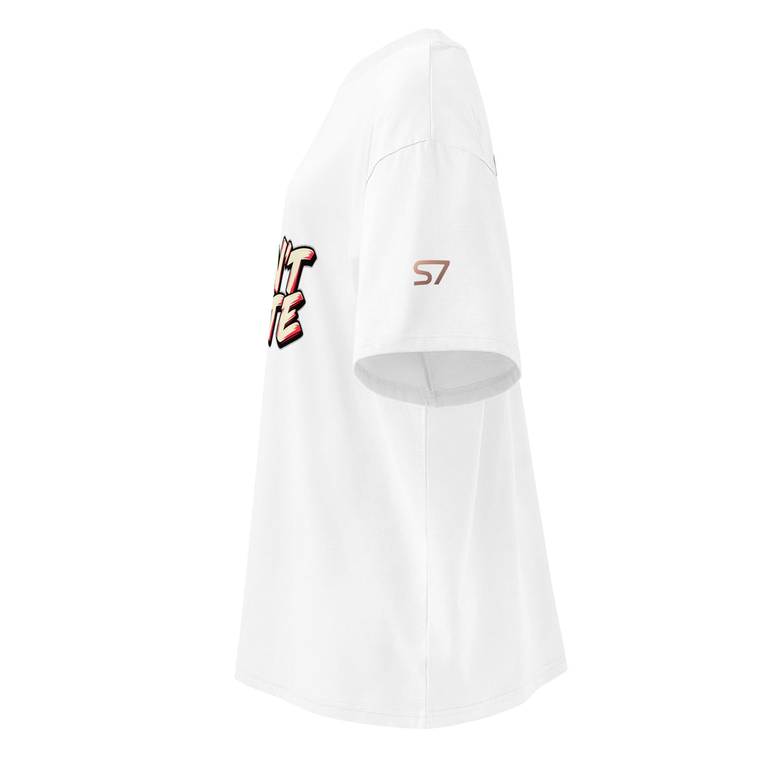 S7 Don’t Hate, Hydrate graphic T-shirt with bold “DON’T HATE” lettering on the front and a watermelon beneath “HYDRATE” on the back.