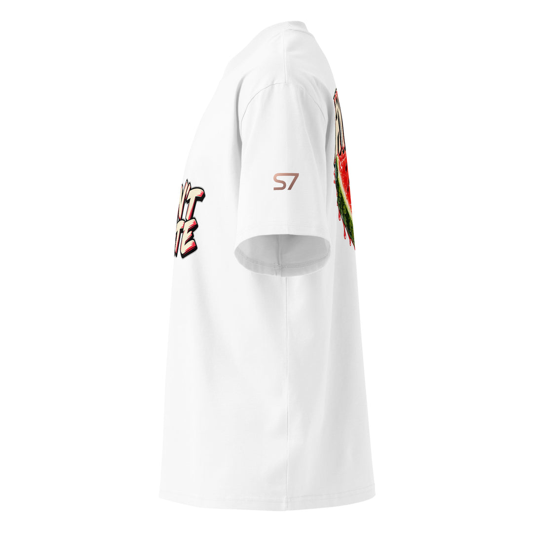 S7 Don’t Hate, Hydrate graphic T-shirt with bold “DON’T HATE” lettering on the front and a watermelon beneath “HYDRATE” on the back.