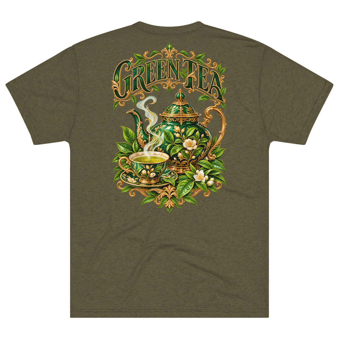 S7 Green Tea shirt featuring an ornate emerald teapot, matching teacup, botanical leaves, and gold-tone Green Tea lettering.