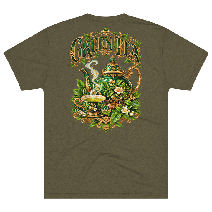 S7 Green Tea shirt featuring an ornate emerald teapot, matching teacup, botanical leaves, and gold-tone Green Tea lettering.