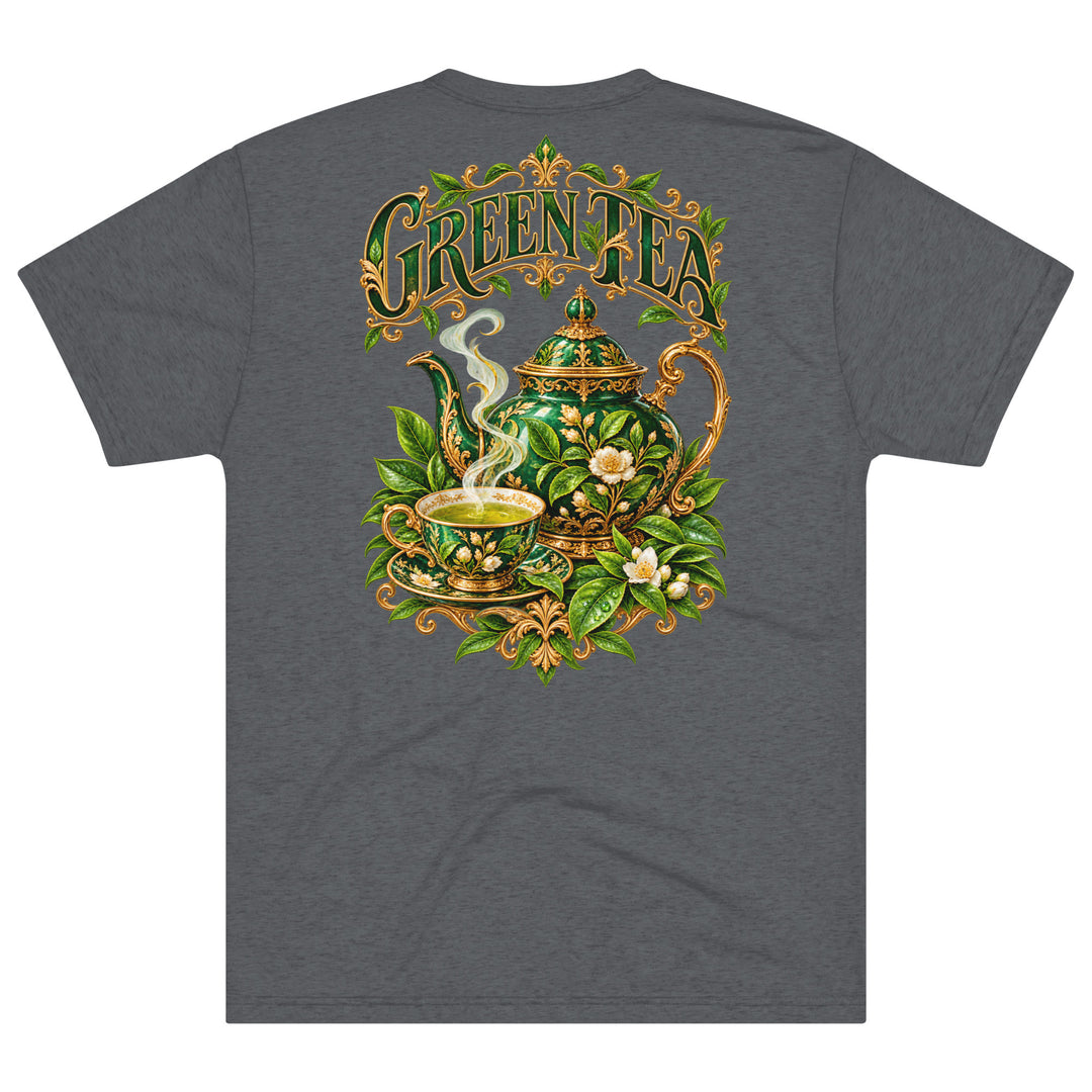 S7 Green Tea shirt featuring an ornate emerald teapot, matching teacup, botanical leaves, and gold-tone Green Tea lettering.