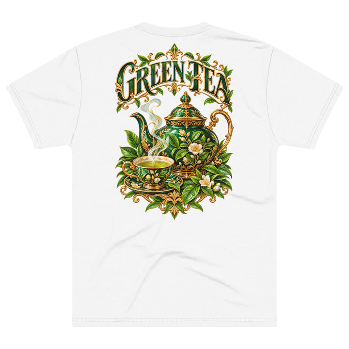 S7 Green Tea shirt featuring an ornate emerald teapot, matching teacup, botanical leaves, and gold-tone Green Tea lettering.