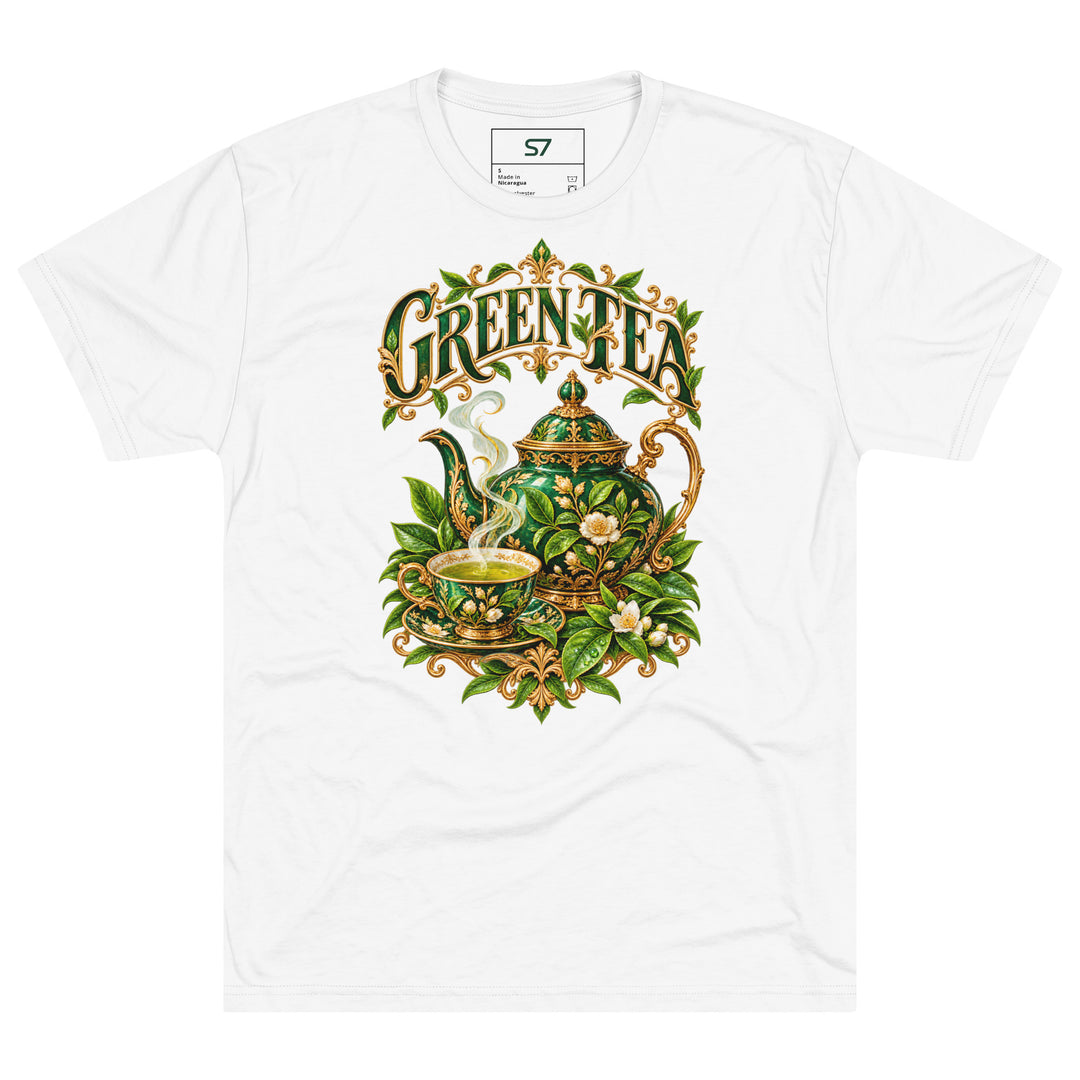 S7 Green Tea shirt featuring an ornate emerald teapot, matching teacup, botanical leaves, and gold-tone Green Tea lettering.