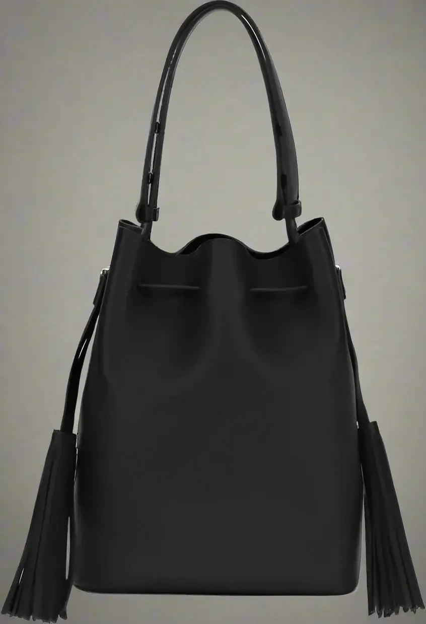 Black leather bucket bag with tassels on a white background