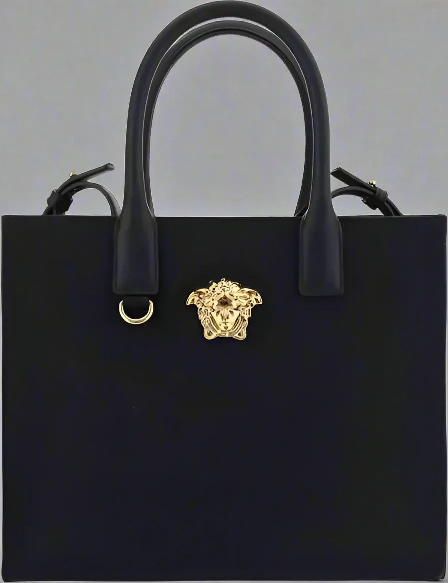 VERSACE women's black Cotton Medusa plaque Shoulder Bag