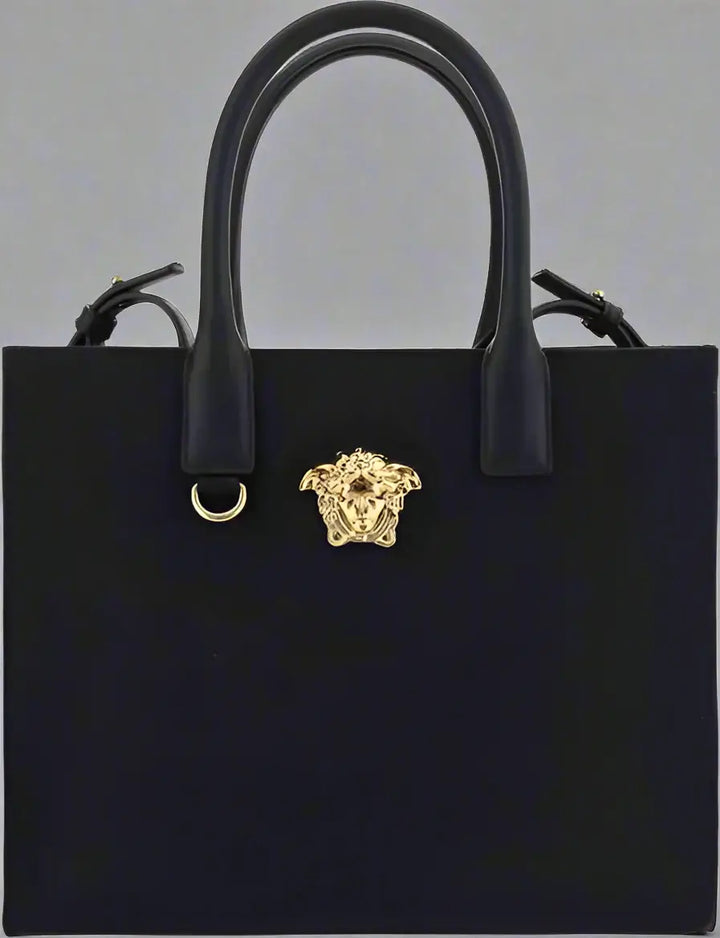 VERSACE women's black Cotton Medusa plaque Shoulder Bag