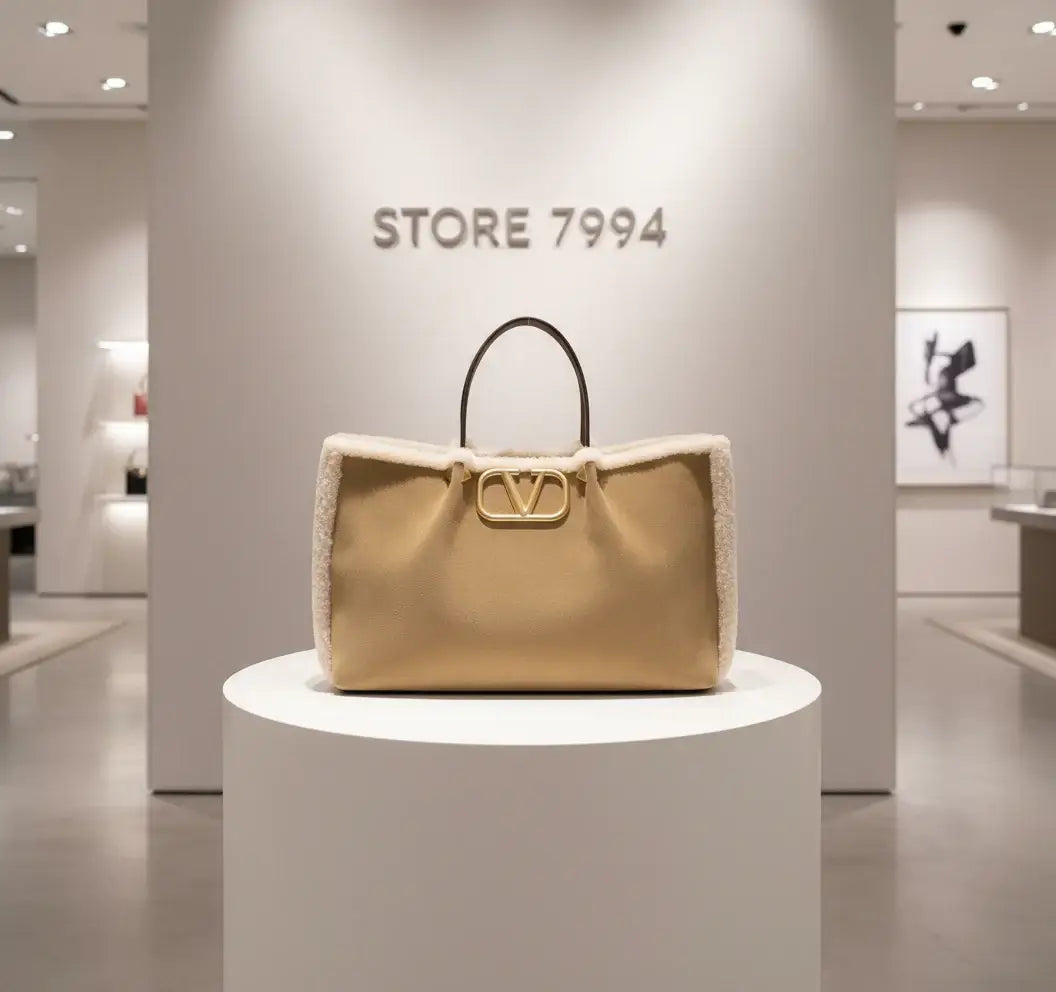 Beige handbag with shearling trim and gold logo on a white background